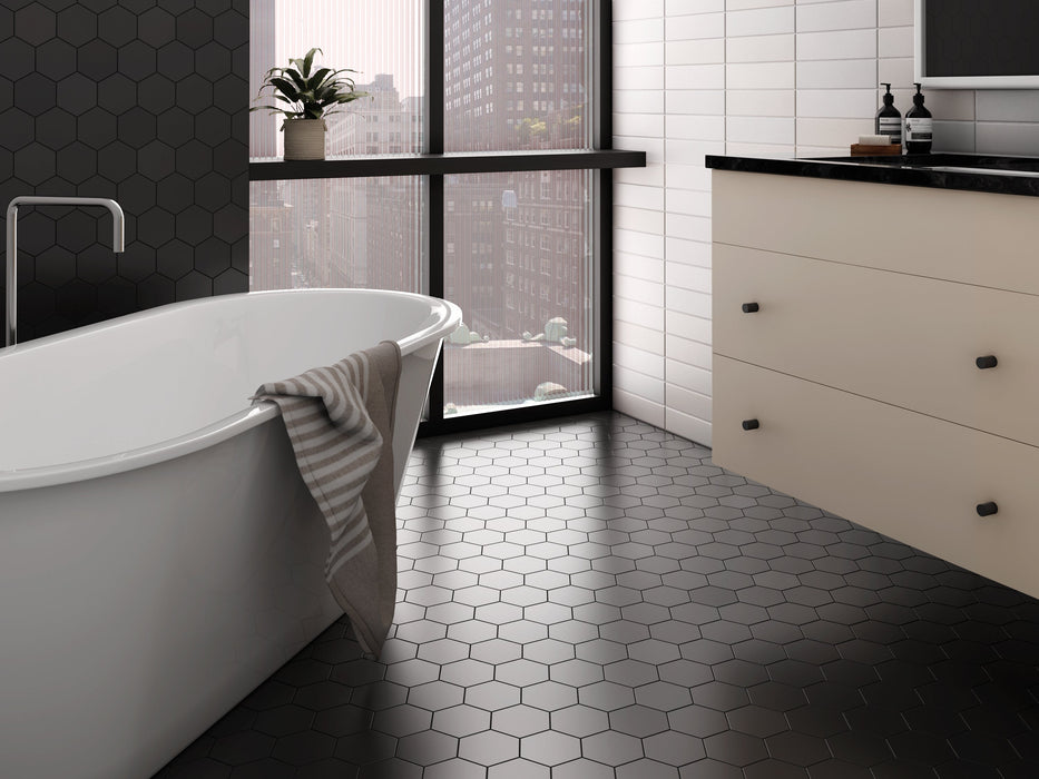 Mosaic & Tile Depot - Kromatica 4.5" x 4" Porcelain Hex Tile - Black floor installation