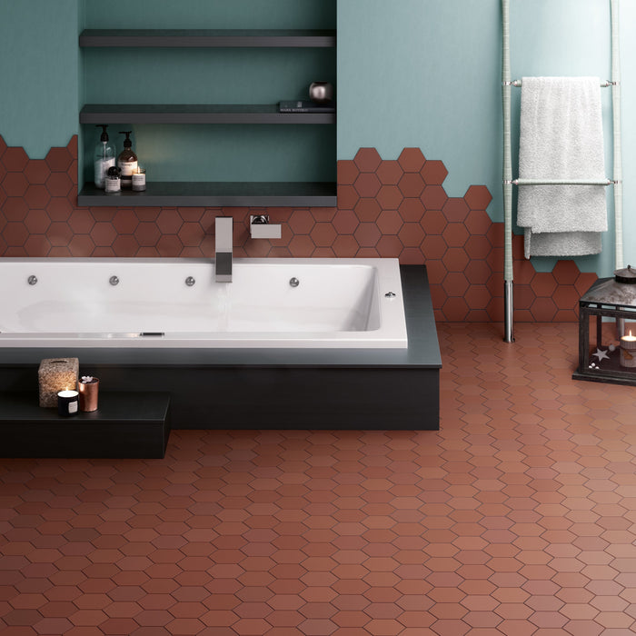 Mosaic & Tile Depot - Kromatica 4.5" x 4" Porcelain Hex Tile - Clay floor and wall installation