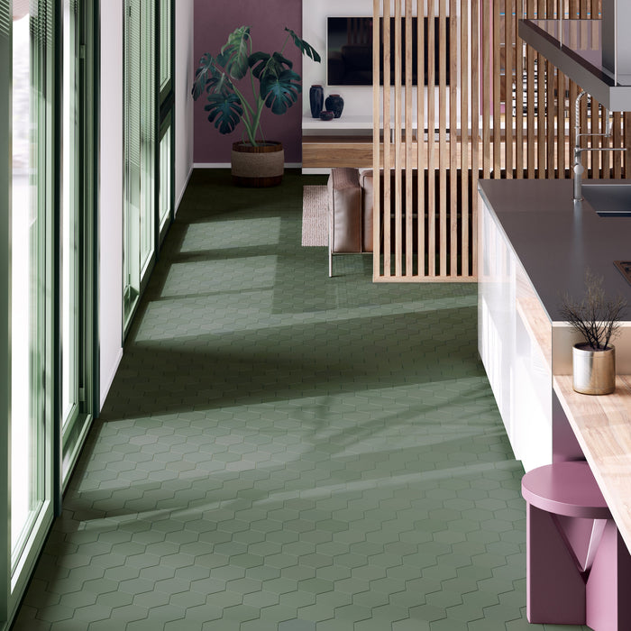Mosaic & Tile Depot - Kromatica 4.5" x 4" Porcelain Hex Tile - Green floor installation