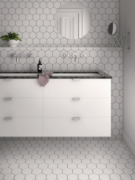 Mosaic & Tile Depot - Kromatica 4.5" x 4" Porcelain Hex Tile - White wall and floor installation
