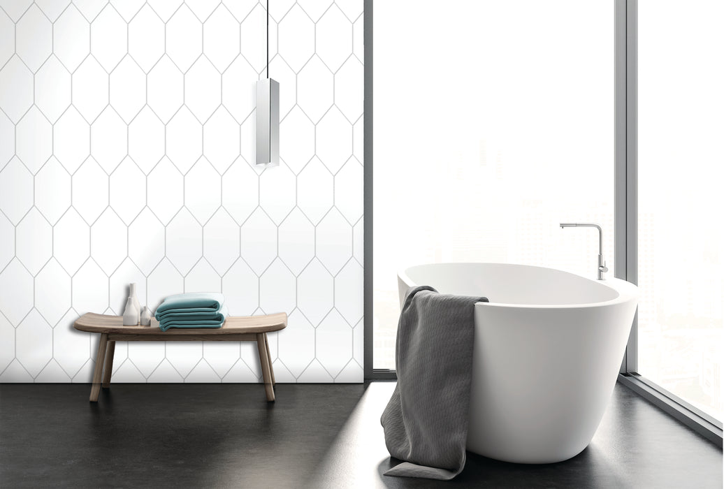 Tesoro - Kayak Collection - 6.5 in. x 13 in. Elongated Hex Porcelain Tile - White Installed