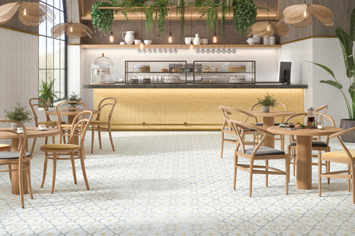 Harmony - Llevant Collection - 9 in. x 9 in. Porcelain Tile - Yellow Flower Installed