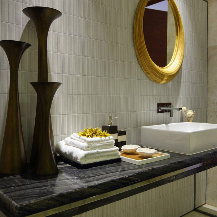 Lungarno - Lucidus - 2 in. x 6 in. Concave/Convex Glossy Porcelain Mosaic - Perfect White Room Scene