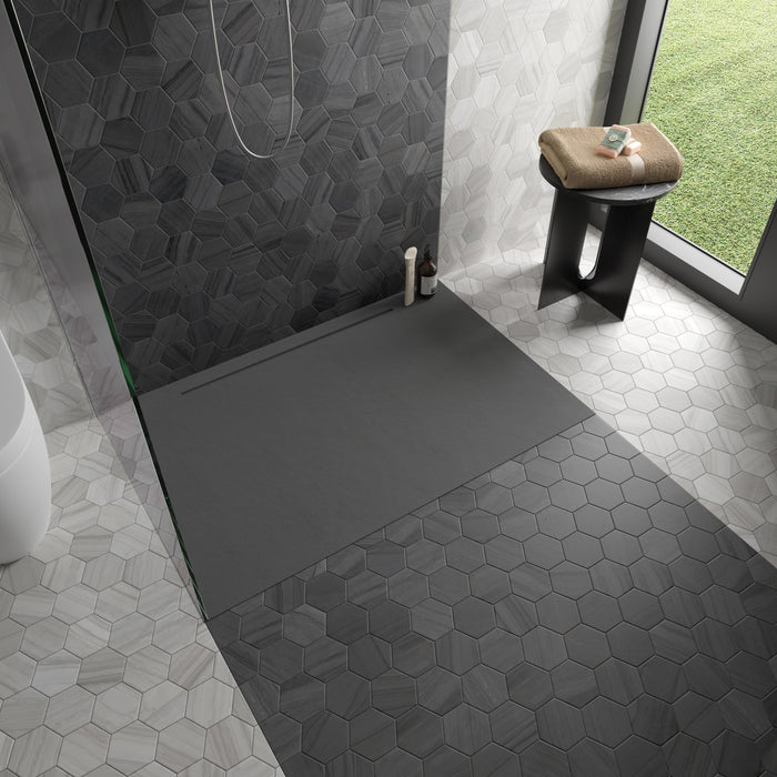 Mosaic & Tile Depot - Lithos Porcelain Hex Mosaic - Dark shower floor and wall installation