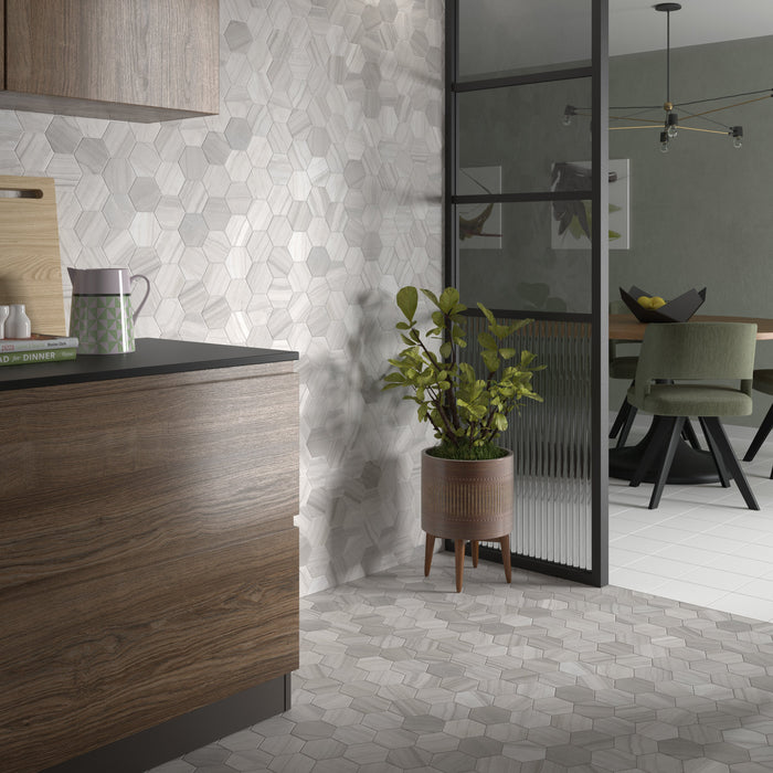Mosaic & Tile Depot - Lithos Porcelain Hex Mosaic - Grey wall and floor installation