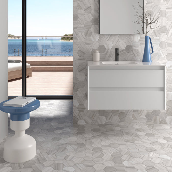 Mosaic & Tile Depot - Lithos Porcelain Hex Mosaic - Grey wall and floor installation