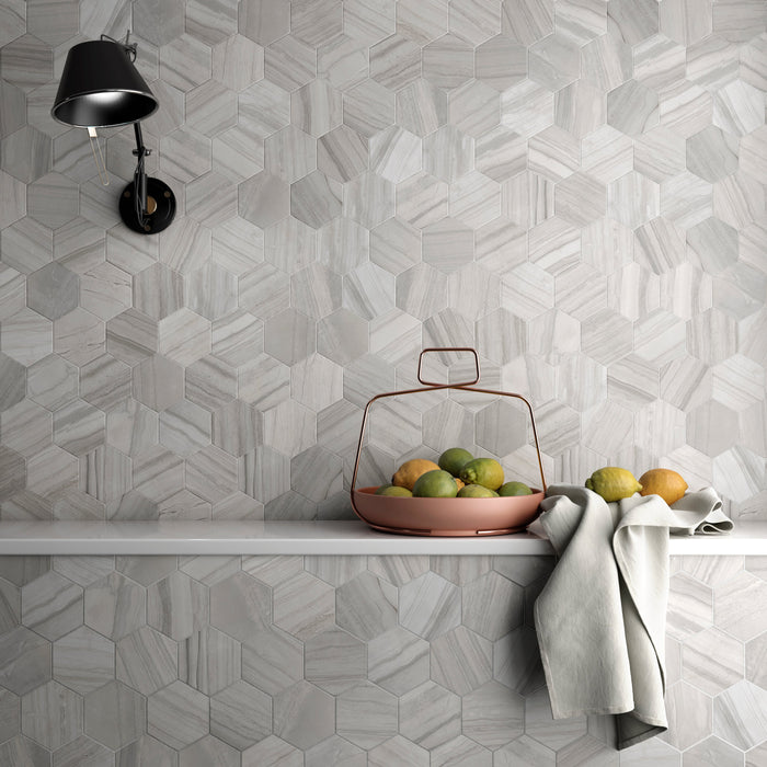 Mosaic & Tile Depot - Lithos Porcelain Hex Mosaic - Grey wall and floor installation