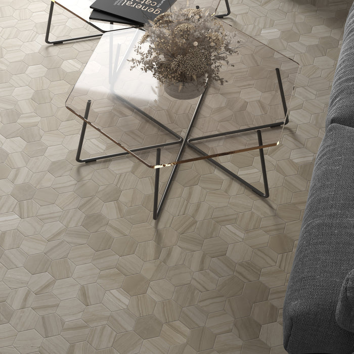 Mosaic & Tile Depot - Lithos Porcelain Hex Mosaic - Beige floor installation