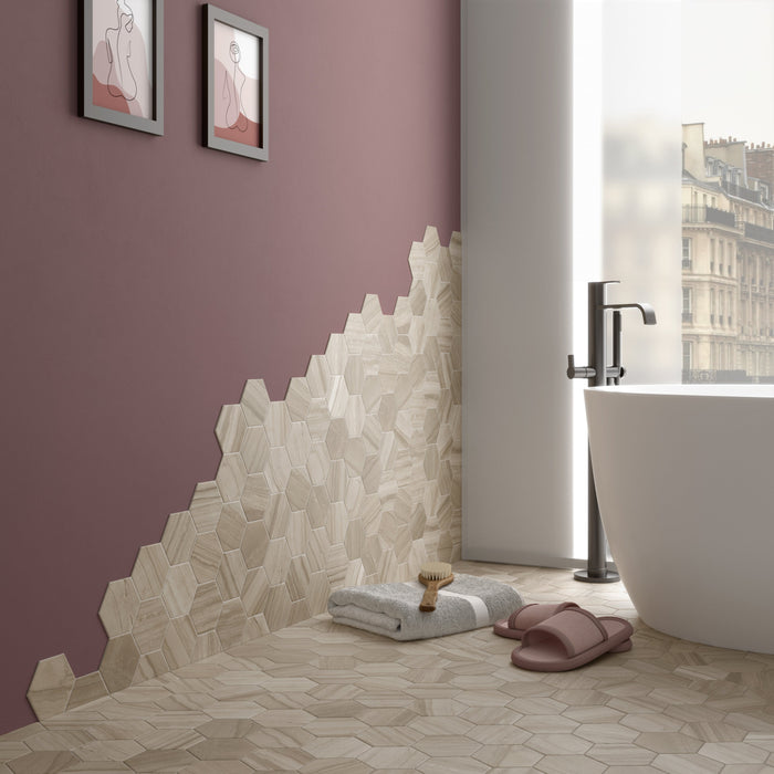 Mosaic & Tile Depot - Lithos Porcelain Hex Mosaic - Beige floor and wall installation
