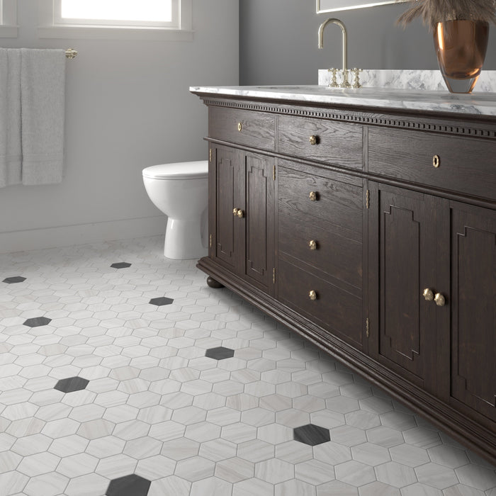Mosaic & Tile Depot - Lithos Porcelain Hex Mosaic - White floor installation