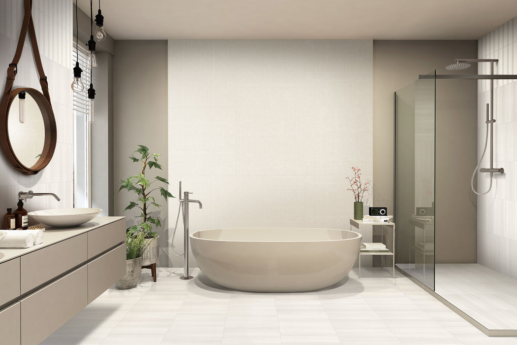 Specialty Tile - Bestow - 12" x 24" - Porcelain Tile - Matte - Saori Cream wall installation