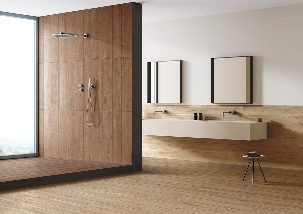 Milestone - Native Series - 8" x 48" Wood Look Porcelain Tile - Pine floor and wall installation