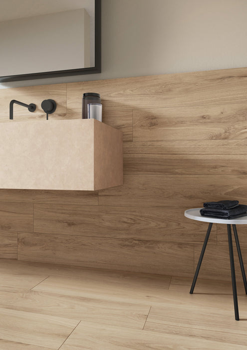 Milestone - Native Series - 8" x 48" Wood Look Porcelain Tile - Pine floor and wall installation