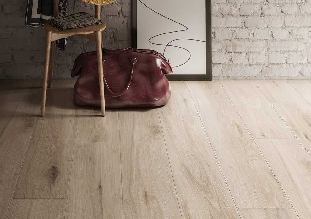 Milestone - Native Series - 8" x 48" Wood Look Porcelain Tile - White Oak floor installation