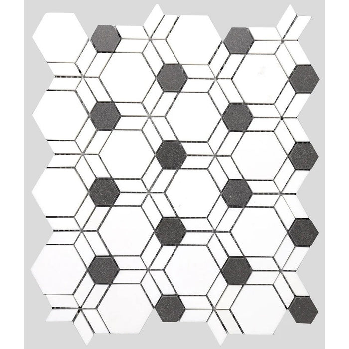 MM Tile and Stone - Thassos & Black Hexagon Illusion Marble Waterjet Mosaic