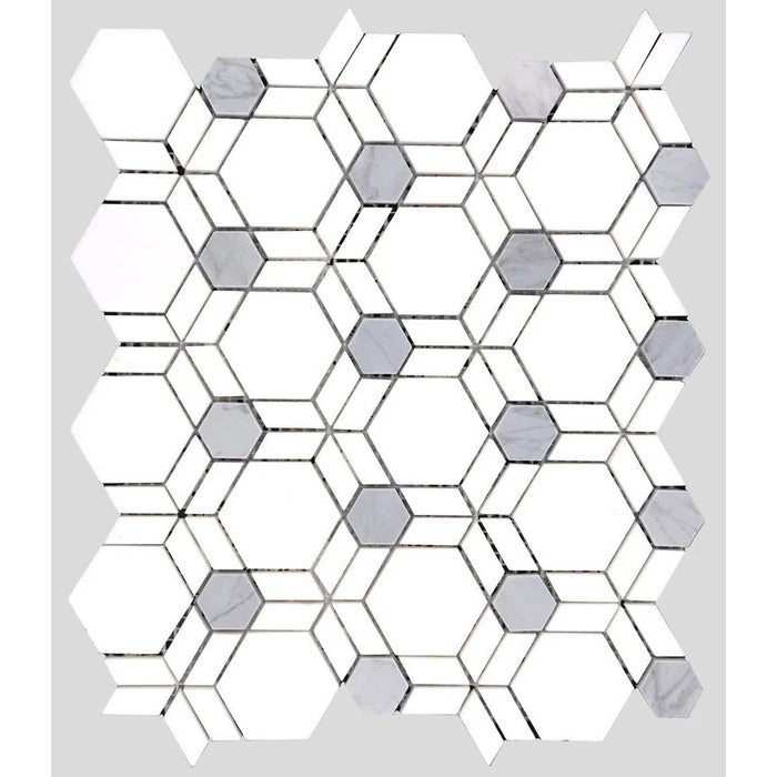 MM Tile and Stone - Thassos & Blue Hexagon Illusion Marble Waterjet Mosaic