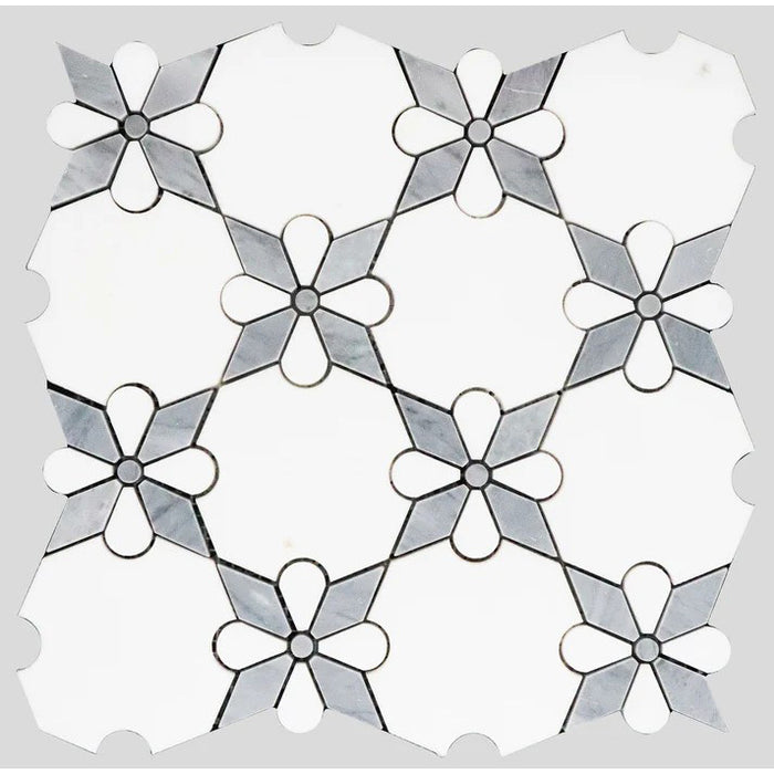 MM Tile and Stone - Thassos Blue Rosettes Marble Polished Waterjet Mosaic
