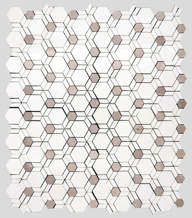 MM Tile and Stone - Thassos & Grey Hexagon Illusion Marble Waterjet Mosaic Installed