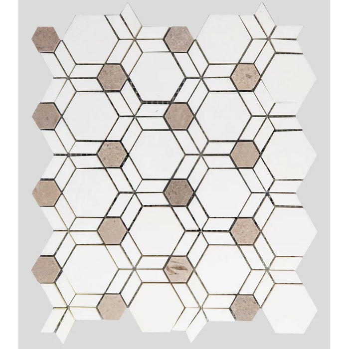 MM Tile and Stone - Thassos & Grey Hexagon Illusion Marble Waterjet Mosaic