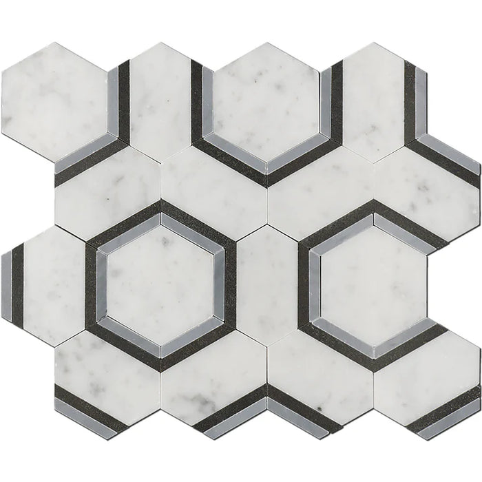 MM Tile and Stone - Carrara, Bardiglio & Basalt Hexagon Combo Interlock Marble Polished Waterjet Mosaic