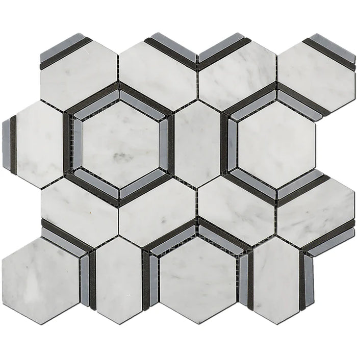 MM Tile and Stone - Carrara, Bardiglio & Basalt Hexagon Combo Marble Polished Waterjet Mosaic