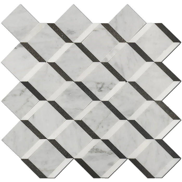 MM Tile and Stone - Carrara & Black 3D Cubes Marble Polished Waterjet Mosaic