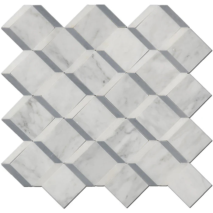 MM Tile and Stone - Carrara & Blue 3D Cubes Marble Polished Waterjet Mosaic