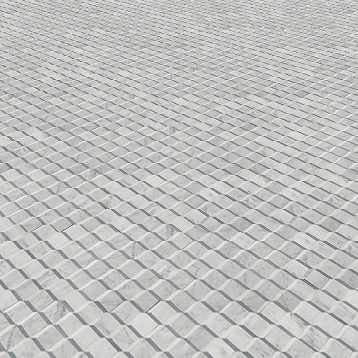 MM Tile and Stone - Carrara & Blue 3D Cubes Marble Polished Waterjet Mosaic Installed