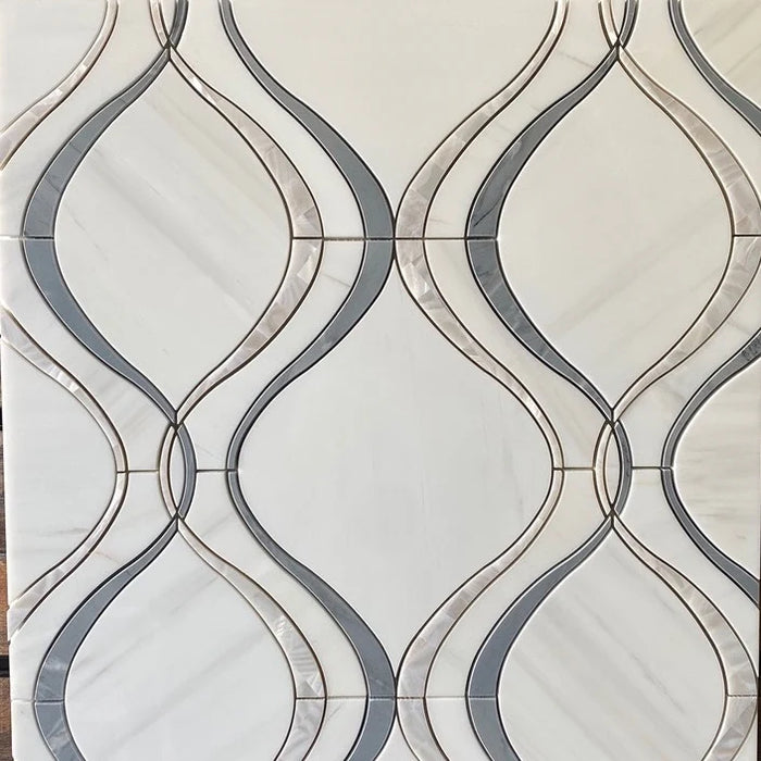 MM Tile and Stone - Dolomite, Bardiglio & Mother of Pearl Marble Polished Waterjet Mosaic