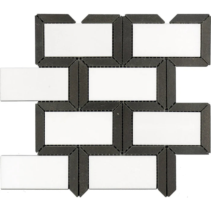 MM Tile and Stone - Thassos & Black Subway Brick Combo Marble Polished Waterjet Mosaic