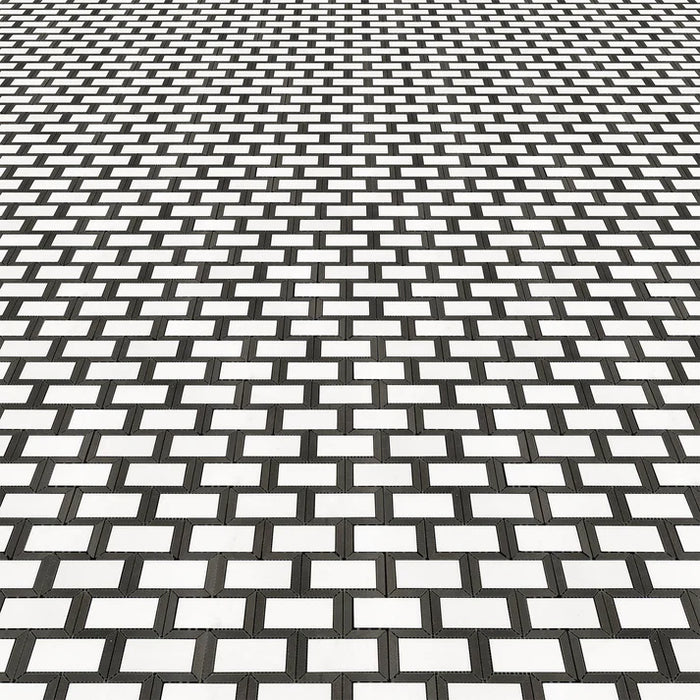 MM Tile and Stone - Thassos & Black Subway Brick Combo Marble Polished Waterjet Mosaic Installed