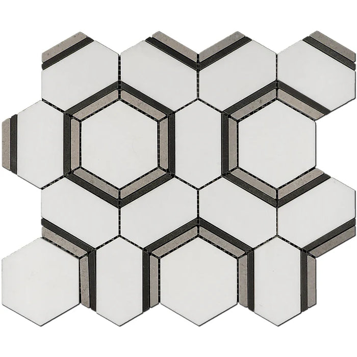 MM Tile and Stone - Thassos, Grey & Basalt Hexagon Combo Marble Polished Waterjet Mosaic