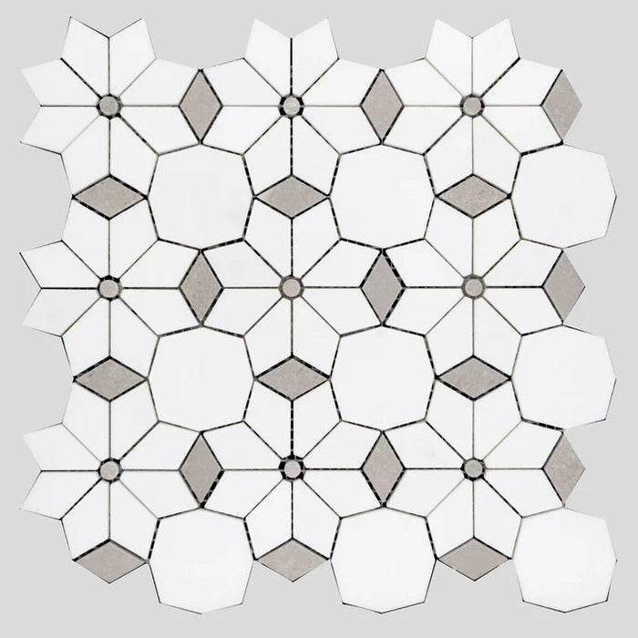 MM Tile and Stone - Thassos & Grey Diamond Flower Marble Polished Waterjet Mosaic