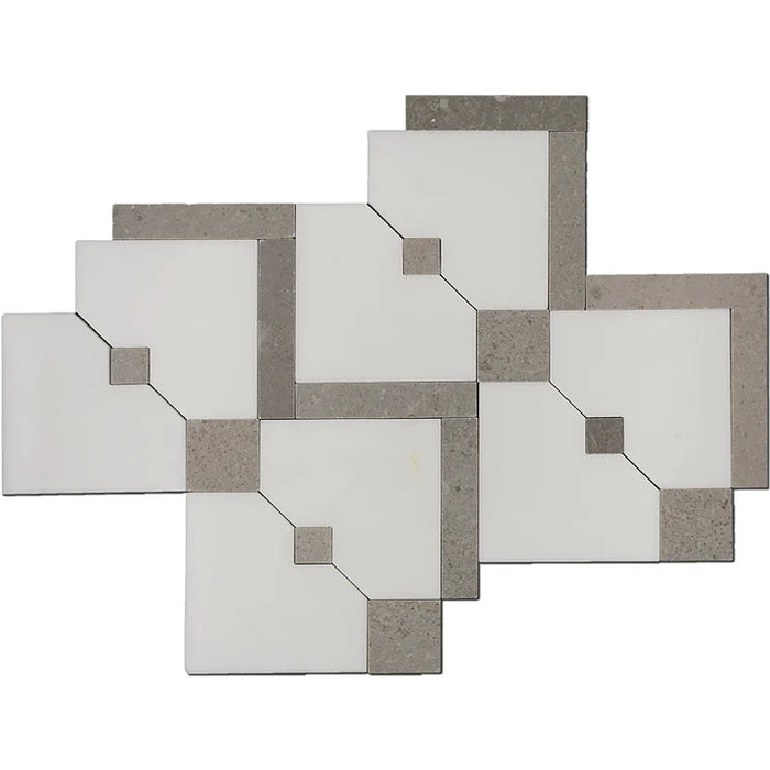 MM Tile and Stone - Thassos & Grey Square Zip Marble Polished Waterjet Mosaic