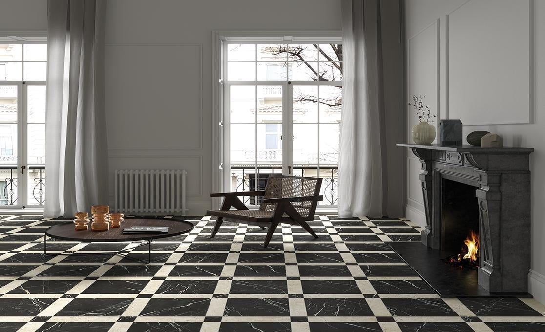 Unicom Starker - Marmorea Collection - 3 in. x 3 in. Tile - Nero Marquinia floor installation