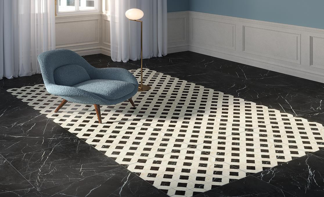 Unicom Starker - Marmorea Collection - 3 in. x 3 in. Tile - Nero Marquinia floor installation