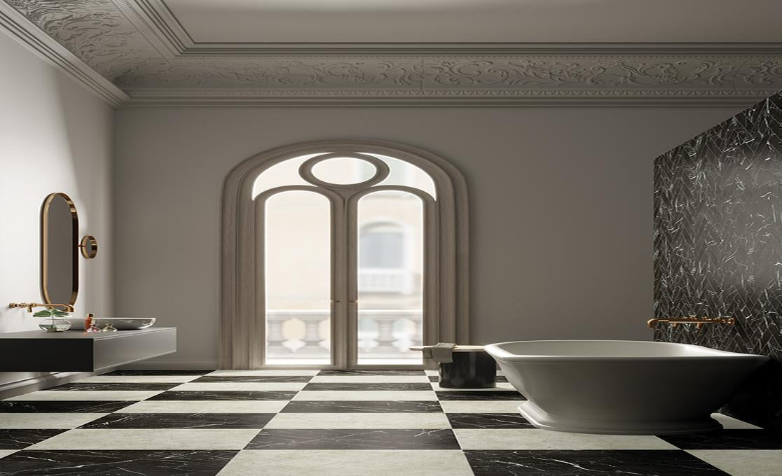 Unicom Starker - Marmorea Collection - 3 in. x 12 in. Tile - Nero Marquinia wall installation