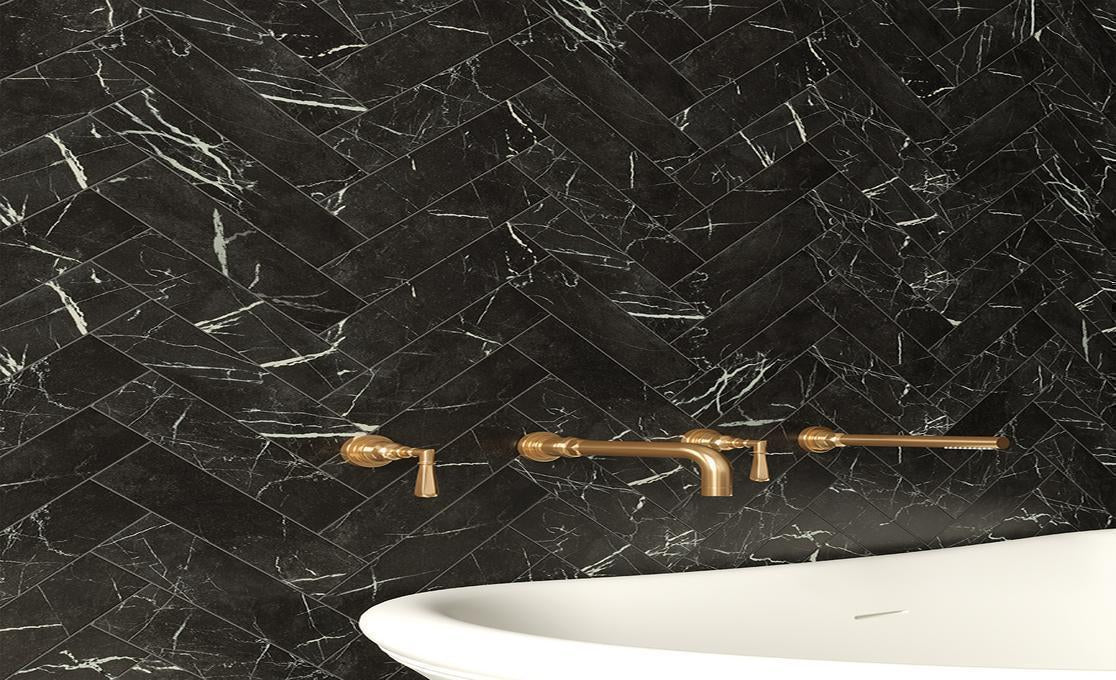 Unicom Starker - Marmorea Collection - 3 in. x 12 in. Tile - Nero Marquinia wall installation