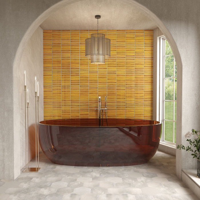 Marazzi - Cotto Revival 1 in. x 6 in. Glossy Porcelain Mosaic - Pollen Crackle wall installation
