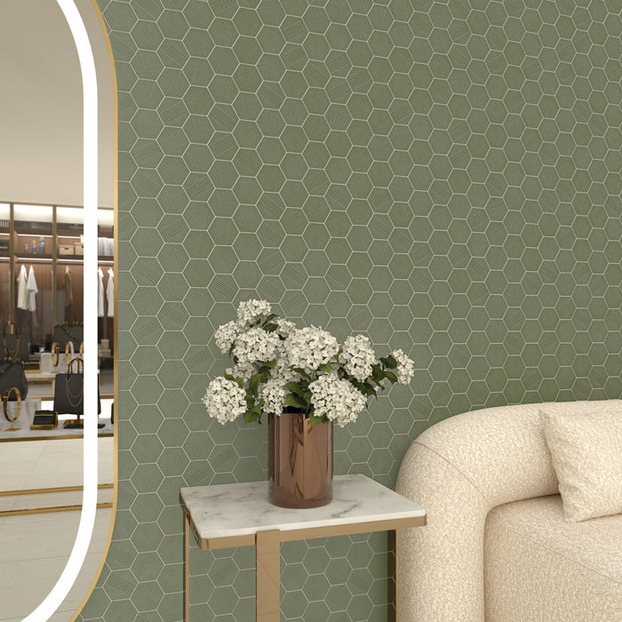 Marazzi - Rhyme And Reason 4 in. x 5 in. Hexagon Wall Tile - Artichoke RR19 Installed