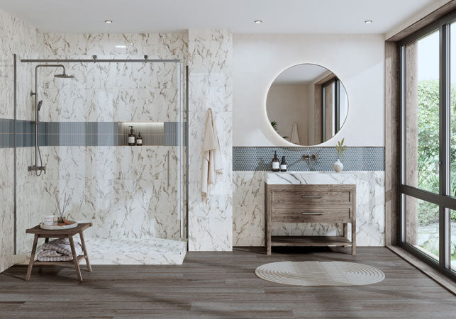 Maniscalco - Chameleon Series - 1" x 6" Porcelain Concave Bar Mosaic - Blue Denim Bathroom