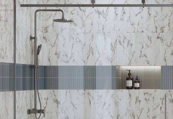 Maniscalco - Chameleon Series - 1" x 6" Porcelain Concave Bar Mosaic - Blue Denim Bathroom Shower Install