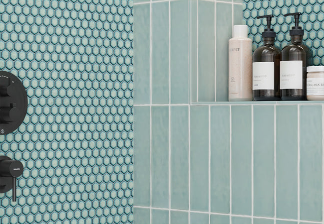 Maniscalco - Chameleon Series - 1" x 1" Porcelain Hex Mosaic - Mint Rose Shower Install