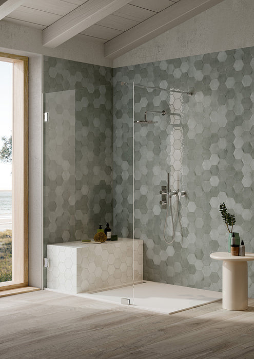 Bellagio - Martha's Manor Collection - 4" x 5" Ceramic Hex Tile - Subtle Slate wall installation