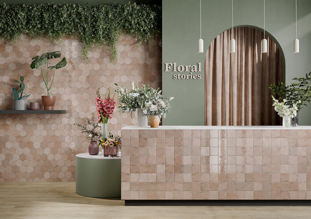 Bellagio - Martha's Manor Collection - 4" x 5" Ceramic Hex Tile - Provence Rose wall installation
