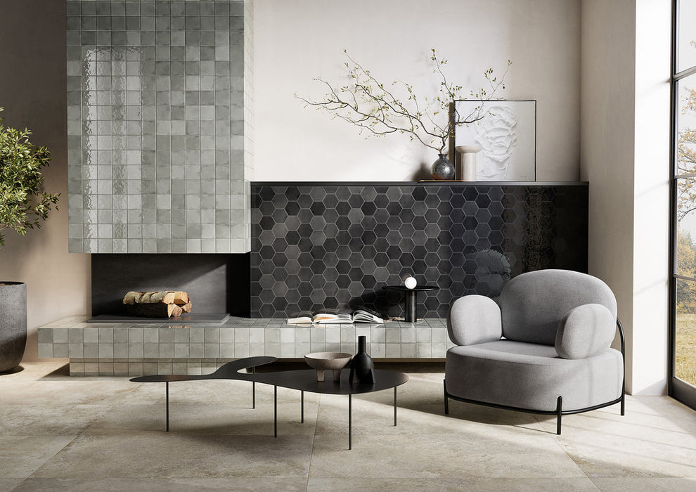 Bellagio - Martha's Manor Collection - 4" x 5" Ceramic Hex Tile - Montigo Chimeny wall installation