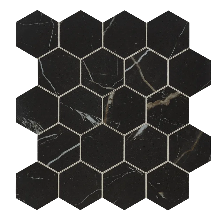 Arizona Tile - Marvel - Small Hex Mesh - Rectified Porcelain Mosaic - Black Atlantis Matte