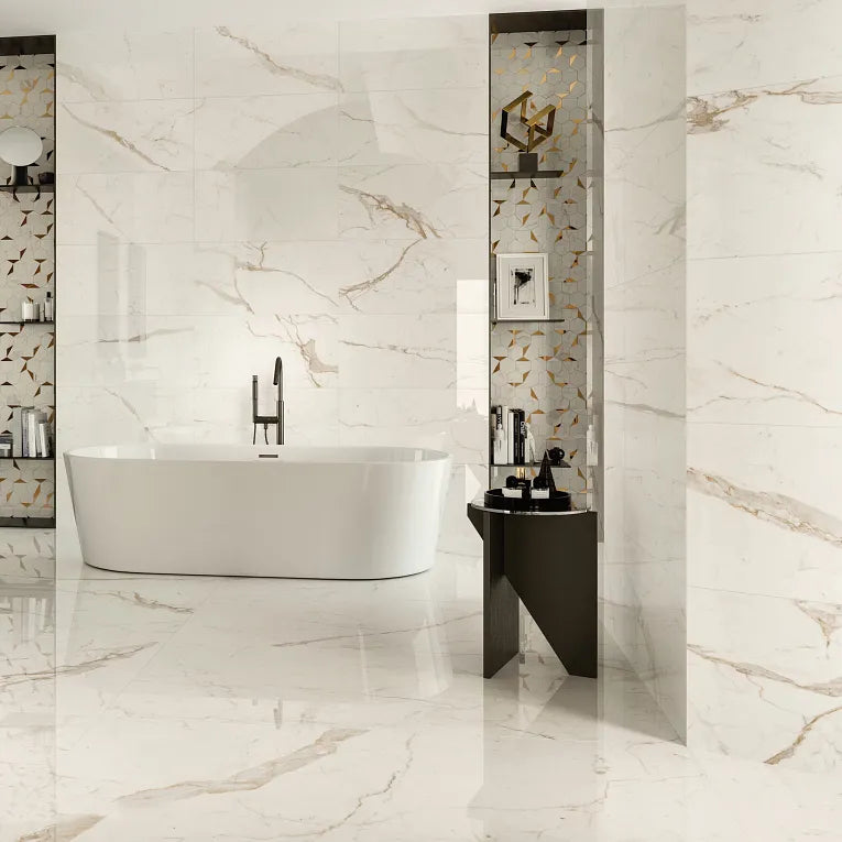 Arizona Tile - Marvel 24&quot; x 48&quot; Polished Rectified Porcelain Tile - Calacatta Prestigio floor and wall installation