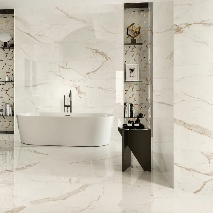 Arizona Tile - Marvel 24" x 48" Polished Rectified Porcelain Tile - Calacatta Prestigio floor and wall installation