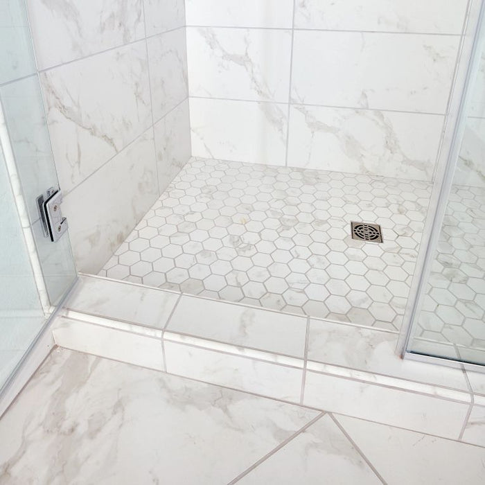 Arizona Tile - Themar Series - 2 3/8" x 2 3/8" Rectified Matte Porcelain Mosaic - Venato Gold - Floor Install